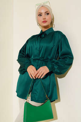 İp Bağcıklı Saten Gömlek Zümrüt - TABA