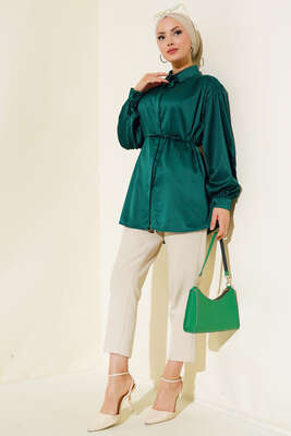 İp Bağcıklı Saten Gömlek Zümrüt - Gömlek