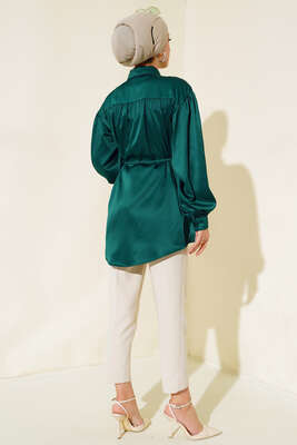 İp Bağcıklı Saten Gömlek Zümrüt - Gömlek