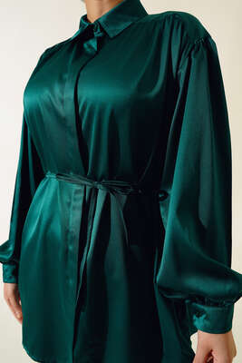 İp Bağcıklı Saten Gömlek Zümrüt - Gömlek