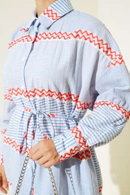 İp Bağlamalı Desenli Çizgili Gömlek Mavi - Gömlek