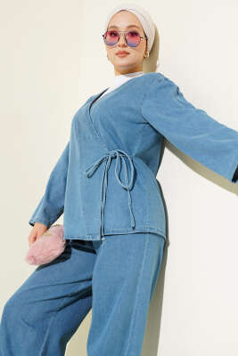 İp Bağlamalı V Yaka Kot İkili Takım Açık Mavi - İkili Takım
