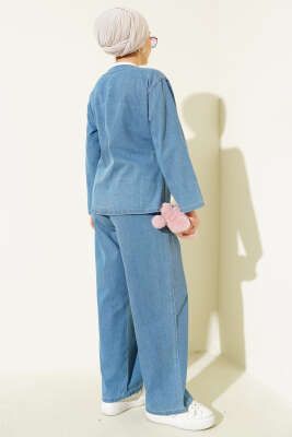 İp Bağlamalı V Yaka Kot İkili Takım Açık Mavi - İkili Takım