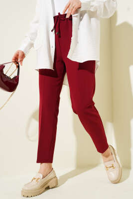 İp Detaylı Beli Lastikli Dar Paça Füme Bordo 
