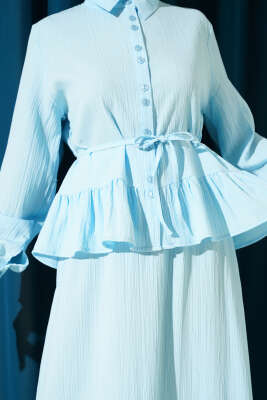 İp Kuşaklı Ağaç Kabuğu Etekli İkili Takım Bebe Yaka - İkili Takım