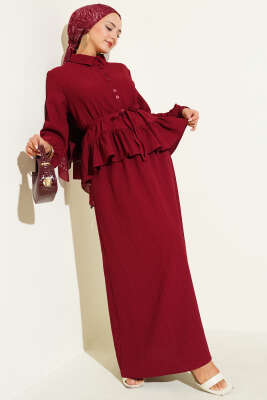 İp Kuşaklı Ağaç Kabuğu Etekli İkili Takım Bordo - İkili Takım