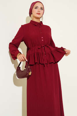 İp Kuşaklı Ağaç Kabuğu Etekli İkili Takım Bordo - İkili Takım