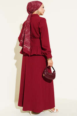 İp Kuşaklı Ağaç Kabuğu Etekli İkili Takım Bordo - İkili Takım