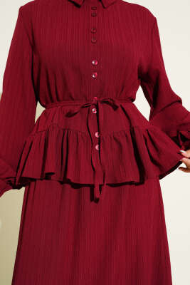 İp Kuşaklı Ağaç Kabuğu Etekli İkili Takım Bordo - İkili Takım