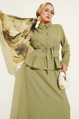 İp Kuşaklı Ağaç Kabuğu Etekli İkili Takım Çağla Yeşili - İkili Takım