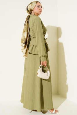 İp Kuşaklı Ağaç Kabuğu Etekli İkili Takım Çağla Yeşili - İkili Takım