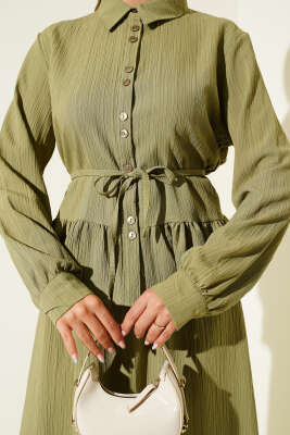 İp Kuşaklı Ağaç Kabuğu Etekli İkili Takım Çağla Yeşili - İkili Takım