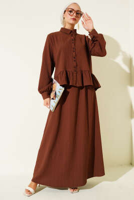 İp Kuşaklı Ağaç Kabuğu Etekli İkili Takım Kahve - İkili Takım