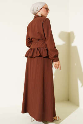 İp Kuşaklı Ağaç Kabuğu Etekli İkili Takım Kahve - İkili Takım