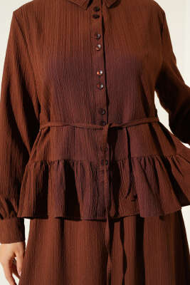 İp Kuşaklı Ağaç Kabuğu Etekli İkili Takım Kahve - İkili Takım