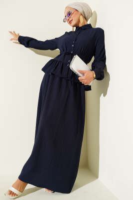 İp Kuşaklı Ağaç Kabuğu Etekli İkili Takım Lacivert 