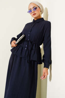 İp Kuşaklı Ağaç Kabuğu Etekli İkili Takım Lacivert - İkili Takım