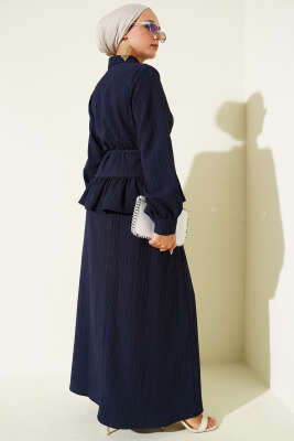 İp Kuşaklı Ağaç Kabuğu Etekli İkili Takım Lacivert - İkili Takım