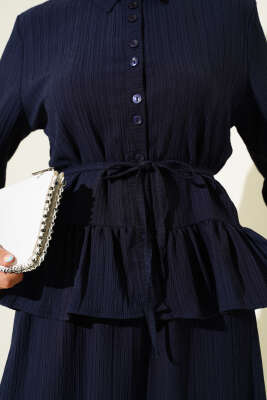 İp Kuşaklı Ağaç Kabuğu Etekli İkili Takım Lacivert - İkili Takım