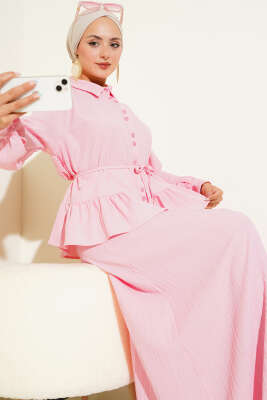 İp Kuşaklı Ağaç Kabuğu Etekli İkili Takım Pembe 