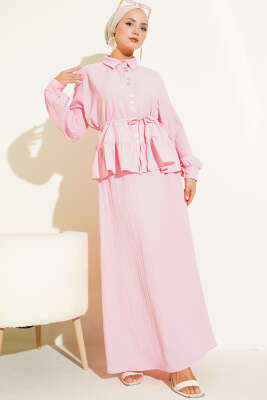 İp Kuşaklı Ağaç Kabuğu Etekli İkili Takım Pembe - İkili Takım