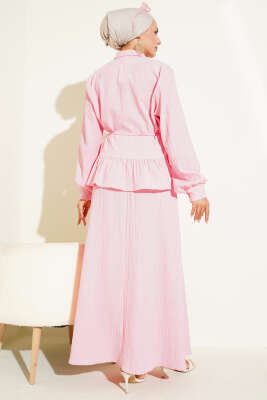 İp Kuşaklı Ağaç Kabuğu Etekli İkili Takım Pembe - İkili Takım