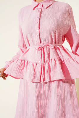 İp Kuşaklı Ağaç Kabuğu Etekli İkili Takım Pembe - İkili Takım