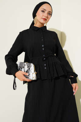 İp Kuşaklı Ağaç Kabuğu Etekli İkili Takım Siyah - İkili Takım