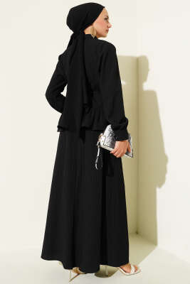 İp Kuşaklı Ağaç Kabuğu Etekli İkili Takım Siyah - İkili Takım