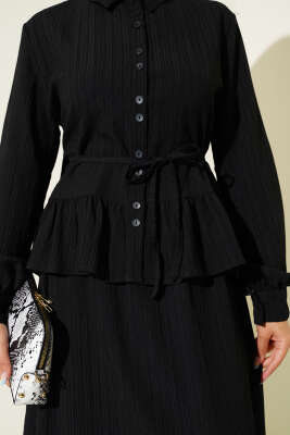 İp Kuşaklı Ağaç Kabuğu Etekli İkili Takım Siyah - İkili Takım