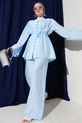 İp Kuşaklı Brit Düğmeli İkili Takım Bebe Mavi