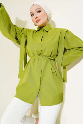 İp Kuşaklı Omuz Pelerinli Gömlek Yeşil