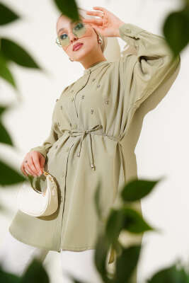 İp Kuşaklı Taşlı Gömlek Çağla Yeşili 