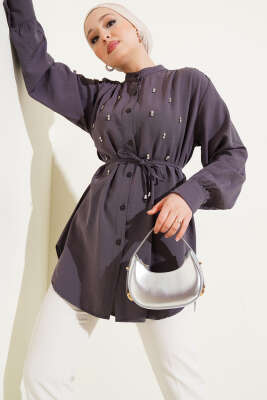 İp Kuşaklı Taşlı Gömlek Füme 