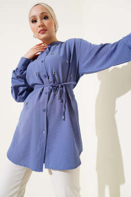 İp Kuşaklı Taşlı Gömlek İndigo - Gömlek