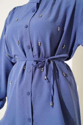 İp Kuşaklı Taşlı Gömlek İndigo - Gömlek