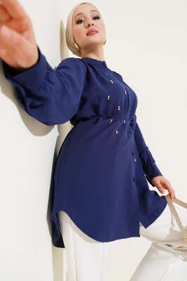 İp Kuşaklı Taşlı Gömlek Lacivert 