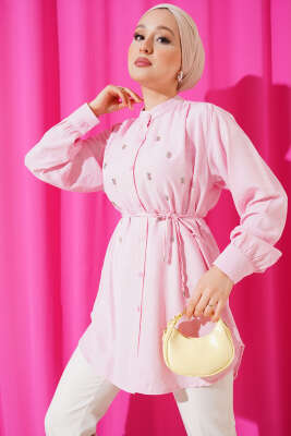 İp Kuşaklı Taşlı Gömlek Pembe 