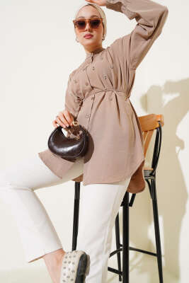 İp Kuşaklı Taşlı Gömlek Vizon 