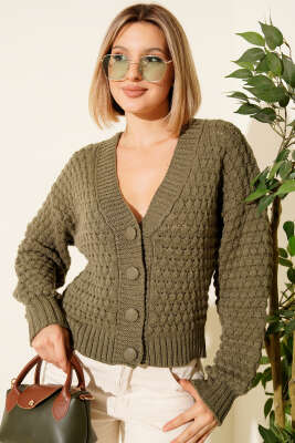 Kabartma Desen Düğmeli Kısa Triko Hırka Haki