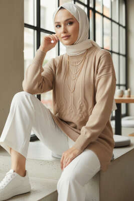 Kabartma Desen Yumoş Triko Tunik Latte