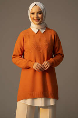 Kabartma Desen Yumoş Triko Tunik Oranj