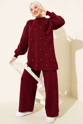 Kabartma Şeritli Taşlı Triko İkili Takım Bordo - KILIÇ TRİKO