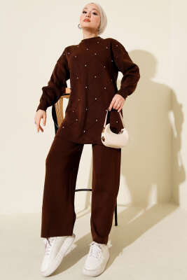 Kabartma Şeritli Taşlı Triko İkili Takım Kahve - KILIÇ TRİKO