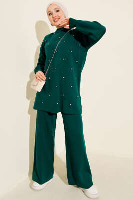 Kabartma Şeritli Taşlı Triko İkili Takım Nefti - KILIÇ TRİKO