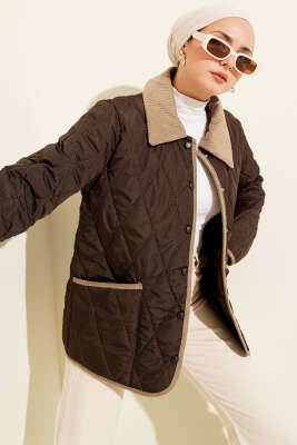 Kadife Yaka Çıtçıtlı Kapitone Mont Kahve