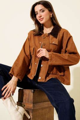 Kadife Yaka Oversize Kısa Ceket Taba - ZARX JNS