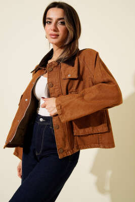 Kadife Yaka Oversize Kısa Ceket Taba - Kadın Giyim Modelleri