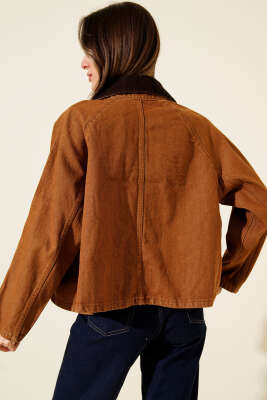 Kadife Yaka Oversize Kısa Ceket Taba - Kadın Giyim Modelleri