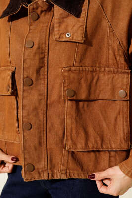 Kadife Yaka Oversize Kısa Ceket Taba - Kadın Giyim Modelleri